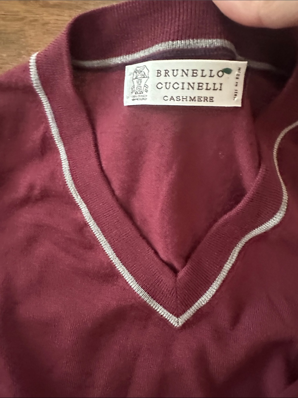 Brunello Cucinelli Men's V-Neck Sweater in Burgundy with Silver Trim